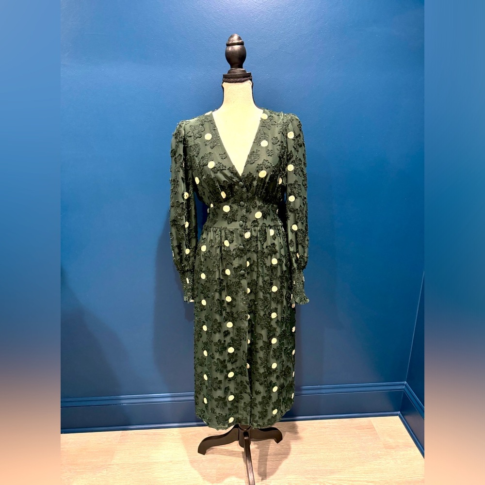 Emrald green Zara Dress with white polka dots. Long sleeves. Mid length.